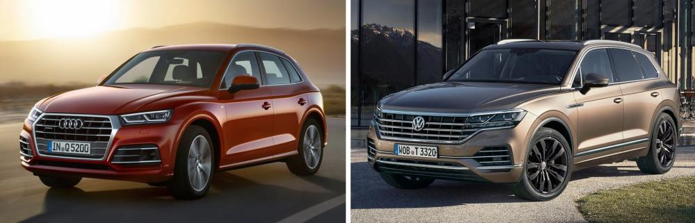 Volkswagen Touareg 2019 (phải) có thiết kế bên sườn tương tự Audi Q5 2017 