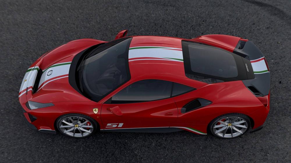 Dải màu đỏ, trắng, xanh lục kéo dài từ trước ra sau trên chiếc Ferrari 488 Pista Piloti 2018 Dải màu đỏ, trắng, xanh lục kéo dài từ trước ra sau trên chiếc Ferrari 488 Pista Piloti 2018
