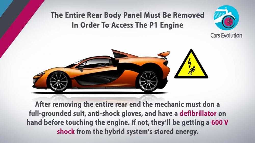 Toàn bộ tấm ốp thân phía sau phải được tháo ra để tiếp cận động cơ của mẫu P1. Sau khi tháo bỏ phần đuôi xe,  thợ máy phải mặc một đồ cách điện, đi găng tay chống sốc, và có một máy khử rung tim trên tay trước khi chạm vào động cơ. Nếu không, họ sẽ bị giật bởi một nguồn điện 600 V từ năng lượng dự trữ của hệ thống hybrid.