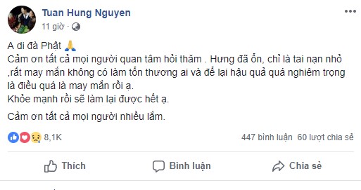 Chia sẻ của Tuấn Hưng trên trang cá nhân sau vụ tai nạn