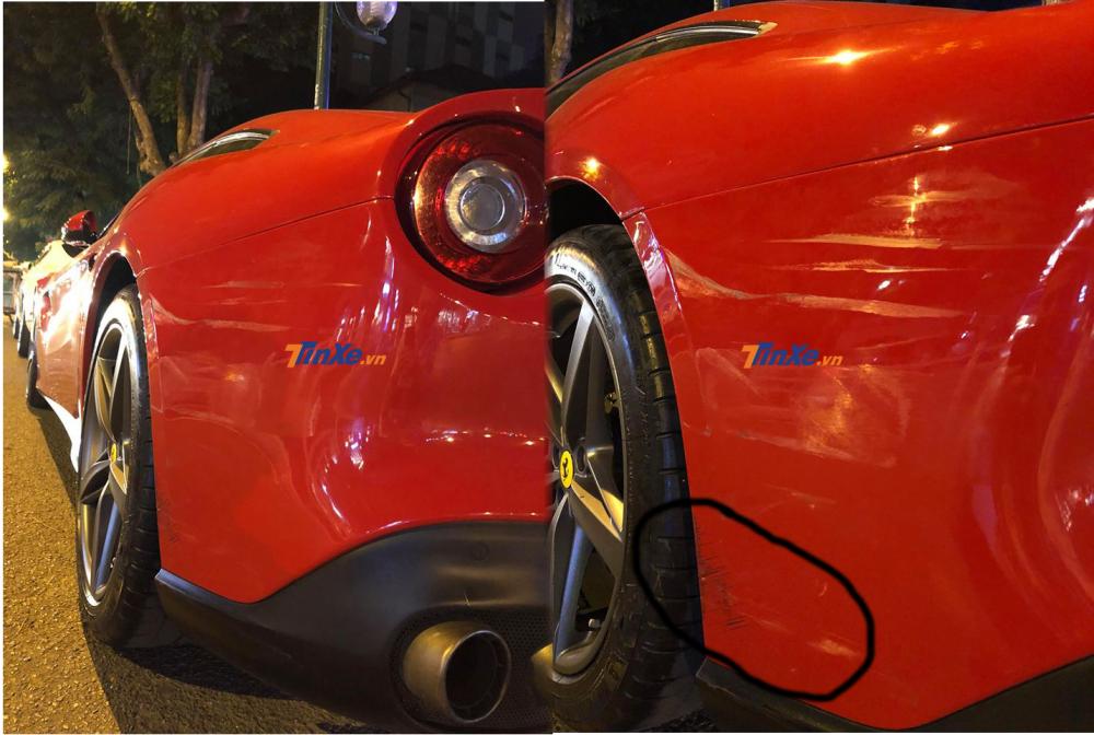 Cũng bị xe máy va quẹt và gây ra các vết trầy xước còn có siêu xe Ferrari F12 Berlinetta của một doanh nhân tại Hà Nội