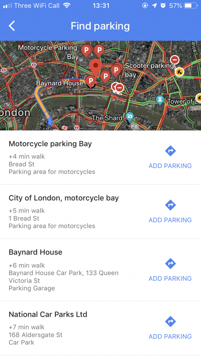 Google Maps dành cho xe máy có khả năng chỉ các điểm đỗ, gửi xe