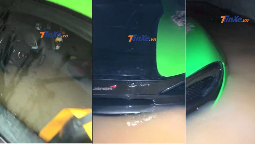 Nước lũ nhấn chìm khoang động cơ và nội thất siêu xe McLaren 570S màu xanh cốm này