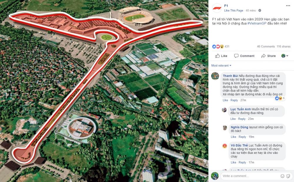 Sơ đồ đường đua Vietnam GP được đăng tải trên trang Facebook của F1. Tiêu đề đi kèm được viết hoàn toàn bằng tiếng Việt