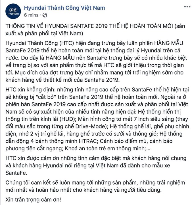Thông báo Santa Fe 2019 không bị cắt trang bị của Hyundai Thành Công vào hồi tháng 11 vừa qua