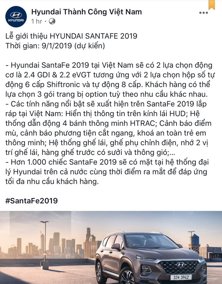 Hyundai Thành Công hé lộ thời điểm ra mắt dự kiến của Santa Fe 2019 tại Việt Nam