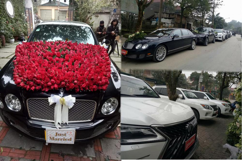 Có mặt trong buổi rước dâu tại Hà Tĩnh là chiếc xe siêu sang Bentley Mulsanne, Bentley Continental Flying Spur Speed và dàn xe SUV hạng sang hùng hậu của Range Rover với Lexus