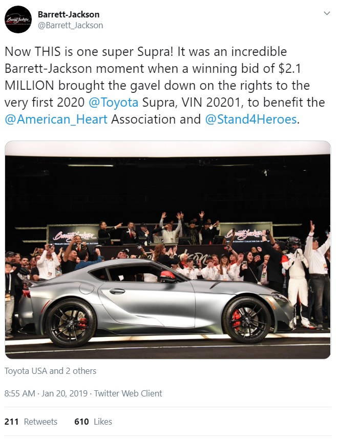 Dòng tweet thông báo chúc mừng bán đầu giá thành công chiếc Toyota GR Supra 2020