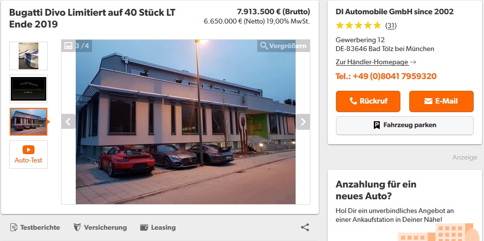 Thông tin rao bán chiếc siêu xe triệu đô Bugatti Divo có giá lên đến 7,6 triệu đô la