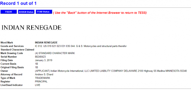 Đăng ký tên thương hiệu cho Indian Renegade
