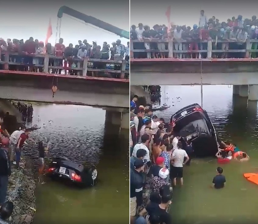 Người dân và lực lượng chức năng tham gia trục vớt chiếc Toyota Corolla Altis Người dân và lực lượng chức năng tham gia trục vớt chiếc Toyota Corolla Altis