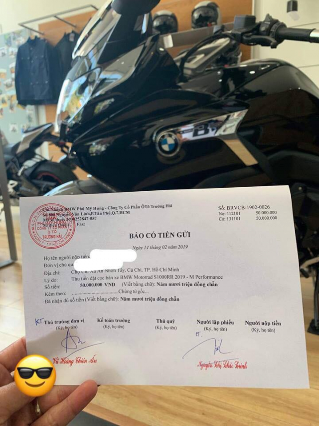 Giấy biên nhận đặt cọc mua BMW S1000RR 2019 tại TP. HCM Giấy biên nhận đặt cọc mua BMW S1000RR 2019 tại TP. HCM