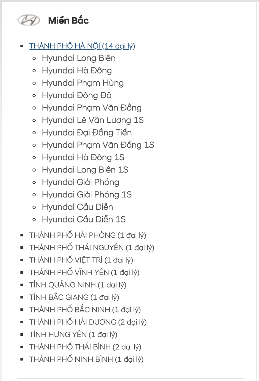 Danh sách các đại lý chính hãng của Hyundai Thành Công miền Bắc có thể tham khảo tại đây Danh sách các đại lý chính hãng của Hyundai Thành Công miền Bắc có thể tham khảo tại đây