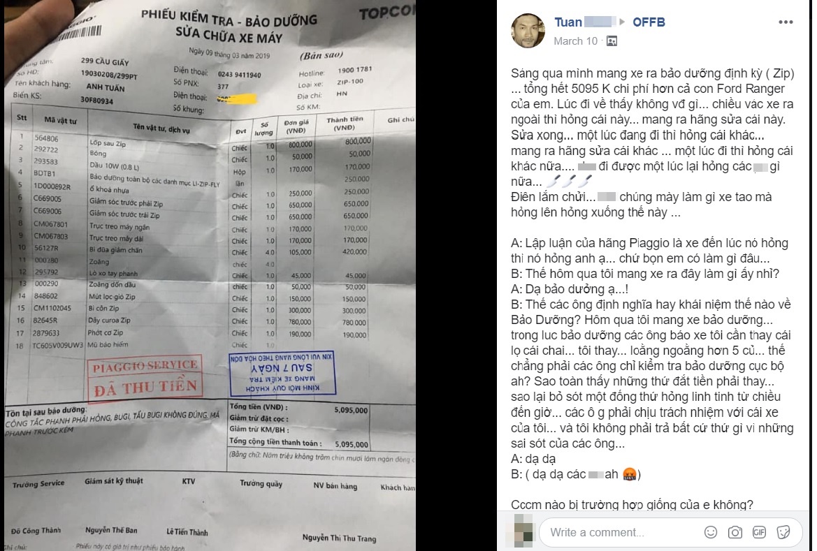 Dòng chia sẻ đầy bức xúc của chủ nhân chiếc xe Piaggio Zip trên mạng xã hội