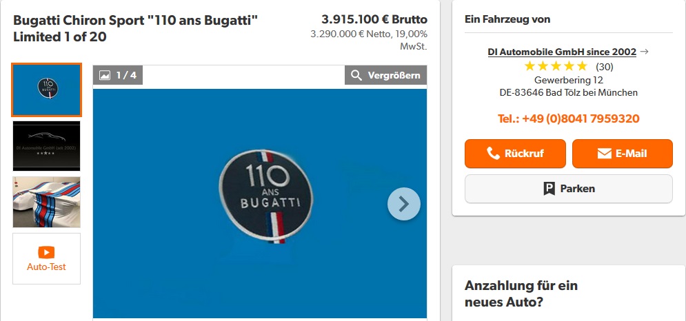 Thông tin rao bán Bugatti Chiron Sport 110 Ans Edition của một đại lý ở Đức