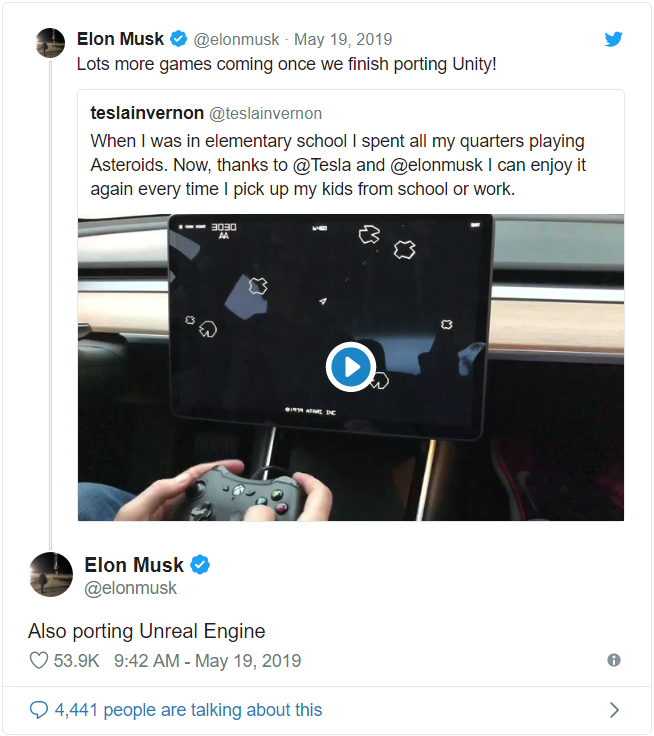 Thông báo của ông Elon Musk cho biết Tesla đang tiến hành chuyển đổi Unity Engine và Unreal Engine