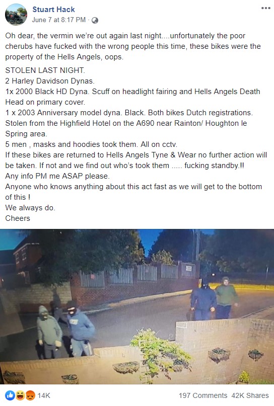 Bài đăng trên Facebook một thành viên của Hells Angels