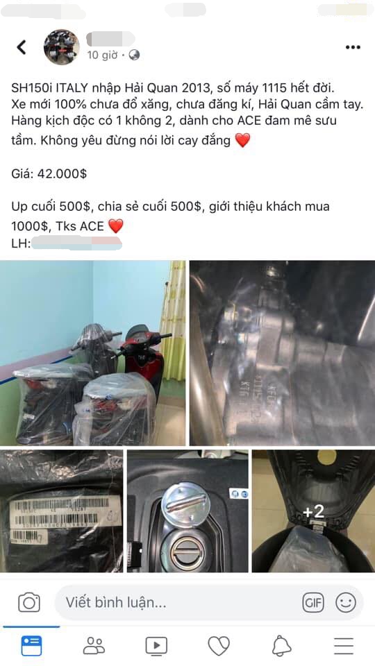 Dòng chia sẻ bán xe từ một cò lái trên mạng xã hội về chiếc Honda SH 150i nhập Ý Dòng chia sẻ bán xe từ một cò lái trên mạng xã hội về chiếc Honda SH 150i nhập Ý