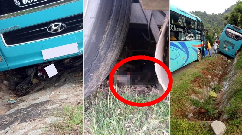 Chiếc xe máy và người phụ nữ khoanh tròn màu đỏ bị cuốn vào gầm xe khách Chiếc xe máy và người phụ nữ khoanh tròn màu đỏ bị cuốn vào gầm xe khách