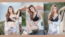 Người đẹp Cup E khoe đường cong nóng bỏng bên chiếc xe cũ mèm