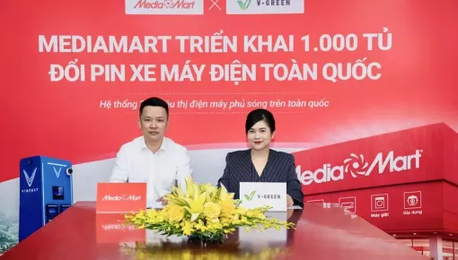 V-Green lắp 1.000 tủ đổi pin xe máy điện tại các siêu thị điện máy MediaMart trong tháng 5/2026