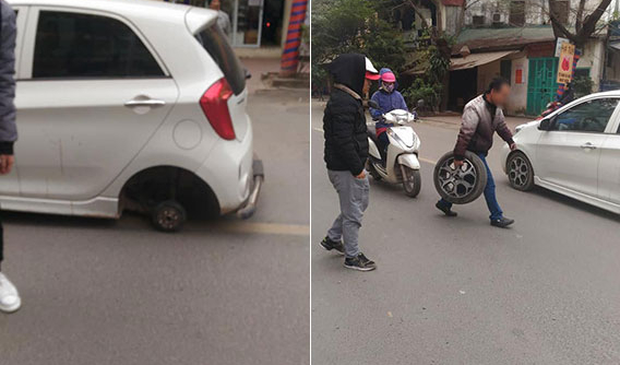 Hà Nội: Thợ sửa xe quên bắn vít, Kia Morning đang chạy bất ngờ rụng bánh sau