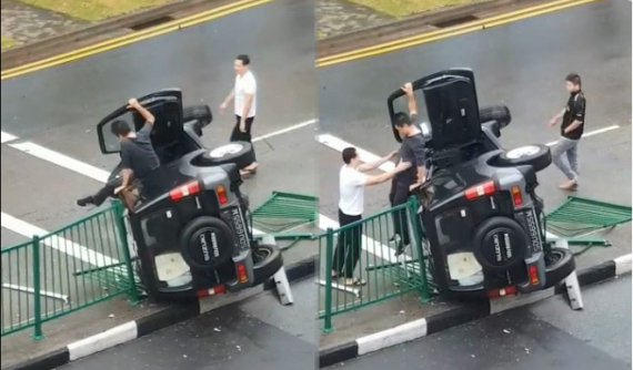 Sau tai nạn, nam thanh niên loay hoay mãi mới thoát ra khỏi khoang lái chiếc Suzuki Jimny