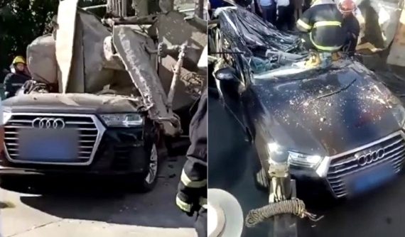 Bị xe bồn lật trúng, SUV hạng sang Audi bẹp dúm