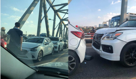SUV hạng sang Lexus cùng 2 xe ô tô dồn toa trên cầu Chương Dương