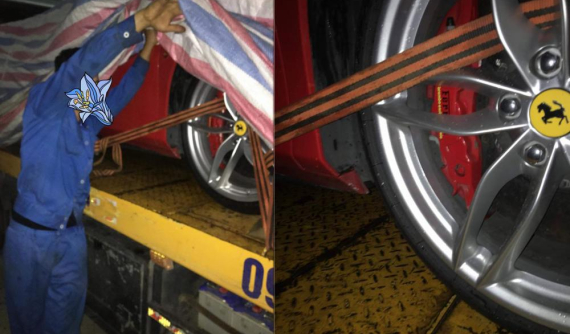 Lộ ảnh siêu xe Ferrari 488 GTB gặp nạn của Tuấn Hưng trùm bạt được vận chuyển về Hà Nội