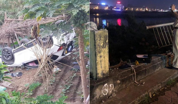 Lào Cai: Nữ tài xế lái Mazda CX-5 ủi bay lan can đường bờ kè, lao xuống bãi bồi ven sông Hồng