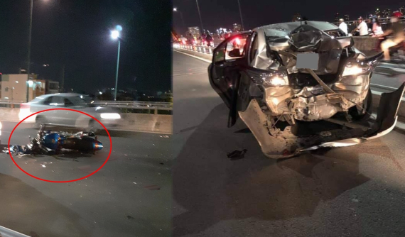 Thủ Đức: Toyota Vios bị xe mô tô "vò nát" trên cầu Bình Lợi