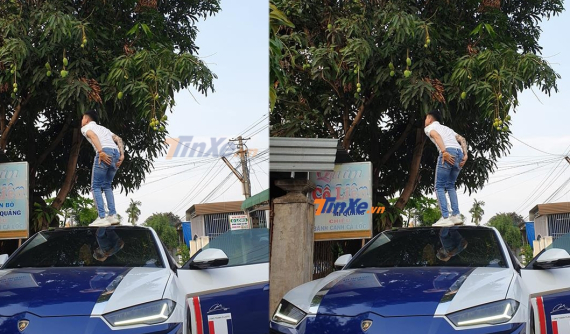 Cư dân mạng ngỡ ngàng với bức ảnh Minh "Nhựa" đứng trên nóc xe Lamborghini Urus để hái xoài