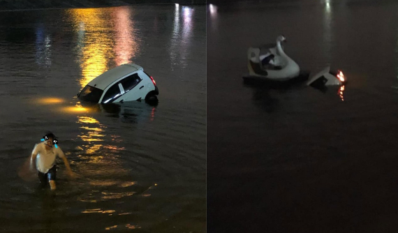 Kia Morning rơi xuống hồ Linh Đàm, lực lượng cứu hộ dùng thuyền đạp vịt để xác định vị trí xe