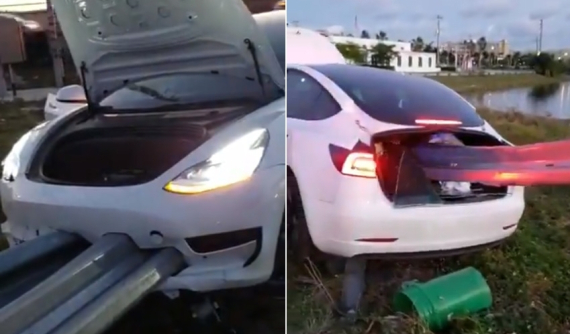 Thanh lan can đâm xuyên Tesla Model 3 nhưng người lái vẫn thoát chết thần kỳ