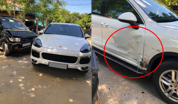 Nghệ An: SUV hạng sang Porsche Cayenne móp cửa khi bị Isuzu đâm ngang sườn xe