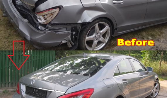 Chứng kiến thợ người Nga sửa chữa phần cốp bị hỏng nặng của chiếc Mercedes CLS