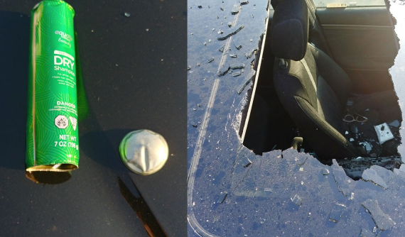 Lọ xịt dầu gội khô "nổ như bom" trong chiếc Honda Civic, đập vỡ cửa sổ trời