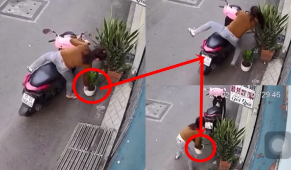 Video: Cô gái chạy xe tay ga quyết tâm lấy bằng được chậu cây cảnh dù đã gặp nạn