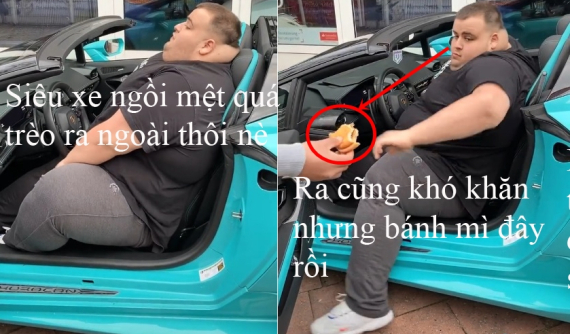 Bánh mì là tuyệt chiêu để dụ chàng béo này cố gắng thoát ra khoang lái siêu xe Lamborghini