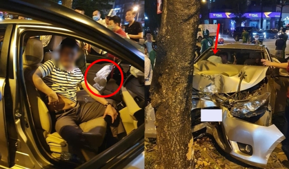 Hà Nội: Toyota Vios nát bét đầu xe sau khi tông vào gốc cây, túi khí nổ, tài xế bị nghi say rượu