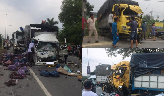 Long An: Tai nạn liên hoàn của 2 xe tải và xe bồn khiến 3 người bị gãy chân