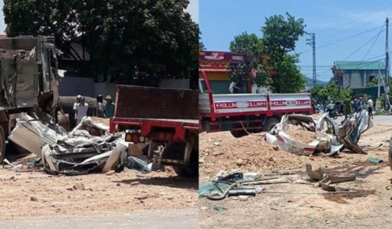 Video quay khoảnh khắc ô tô tải chở đất đè bẹp xe con Toyota Vios tại Thanh Hóa khiến 3 người tử vong