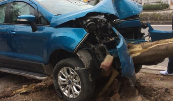 Hà Nội: Ford Ecosport nát bét đầu xe sau khi húc đổ một cây xanh trên vỉa hè