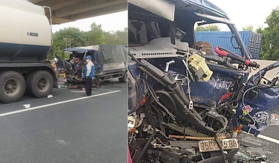 Hải Phòng: Xe tải nát bét đầu xe sau khi tông vào đuôi xe bồn trên cao tốc Hà Nội - Hải Phòng, tài xế tử vong tại chỗ