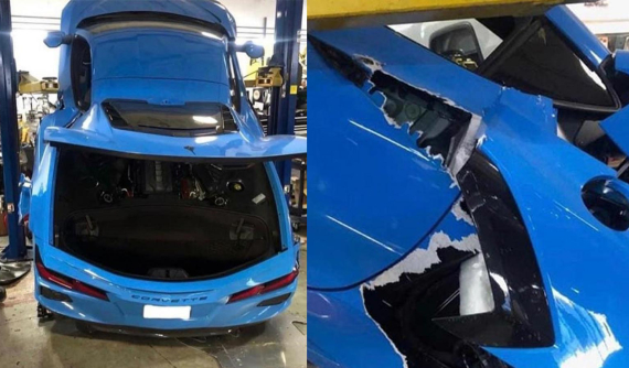 Trượt từ cầu nâng xuống đất, xe thể thao Chevrolet Corvette Stingray hỏng nặng