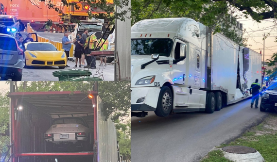 Băng qua đường ray, xe đầu kéo chở 3 xe Ferrari và Porsche bị tàu hỏa tông trúng