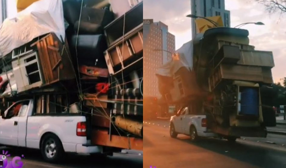 Choáng trước cảnh xe bán tải Ford chở đồ nội thất gia đình như thể "sắp gãy lưng"