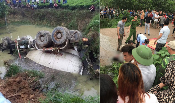 Thái Nguyên: Xe bồn chở bê tông lật ngửa dưới ao, tài xế tử vong