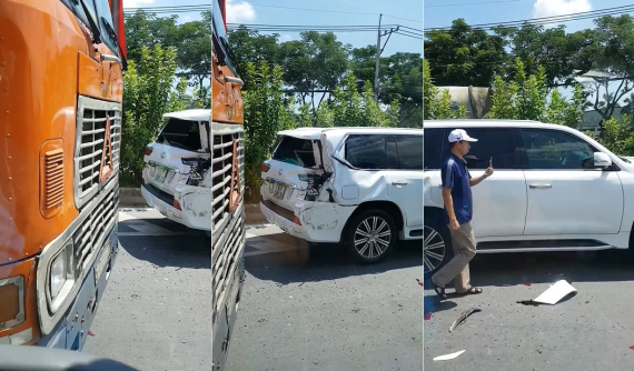 Bị xe container tông trúng từ phía sau trên quốc lộ 22, "chuyên cơ mặt đất" Lexus LX570 bẹp dúm đuôi xe